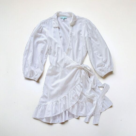 MELISSA ODABASH Paige Linen Cotton Blend Ruffled Balloon Sleeve Wrap Dress Sz L - Picture 5 of 12